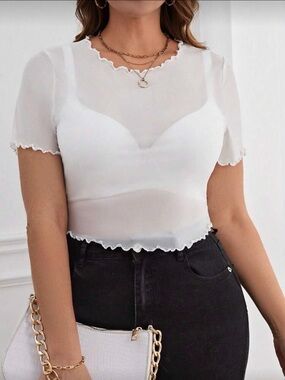 SHEIN White Sheer Ruffle-Trim Cropped Tee